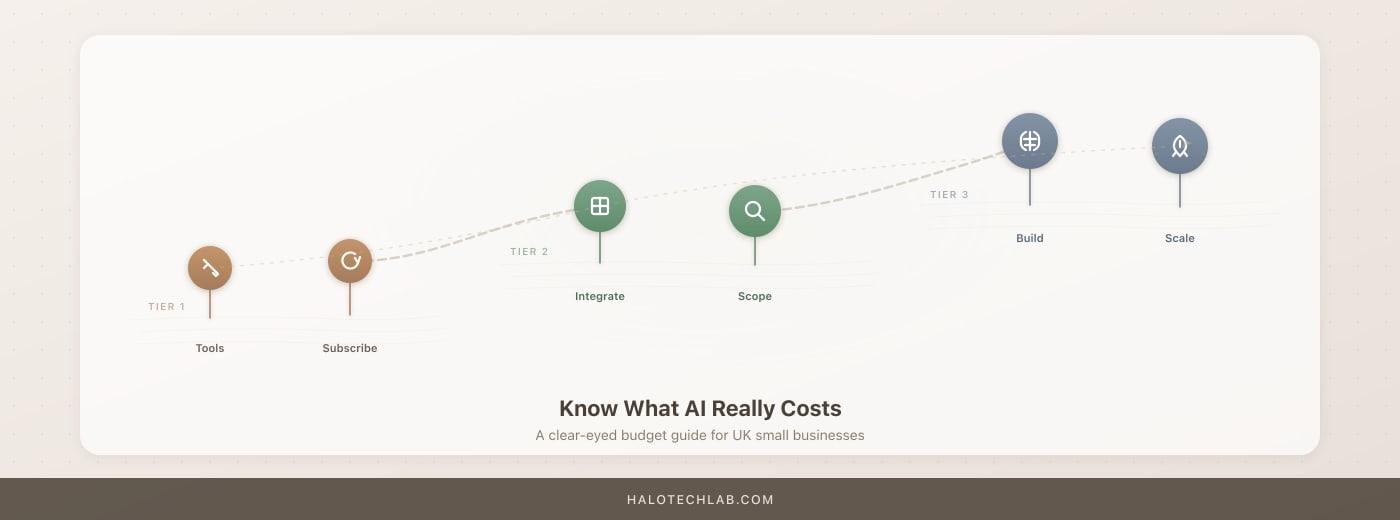 Rising step chart of AI spend across three tiers, from off-the-shelf tools and subscriptions up to scoping, building and scaling
